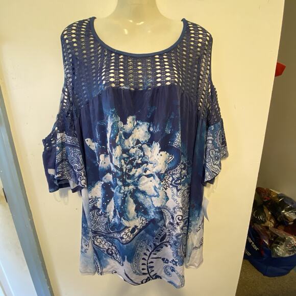 New Simply Emma Women Plus 3X Top Blouse Cold Shoulder Rhinestones Blinks Boho - Picture 4 of 6